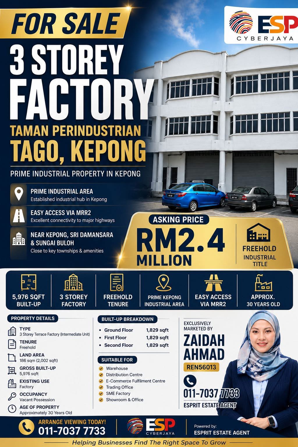 For Sale 3 Storey Factory @ Taman Perindustrian Tago, Kepong.