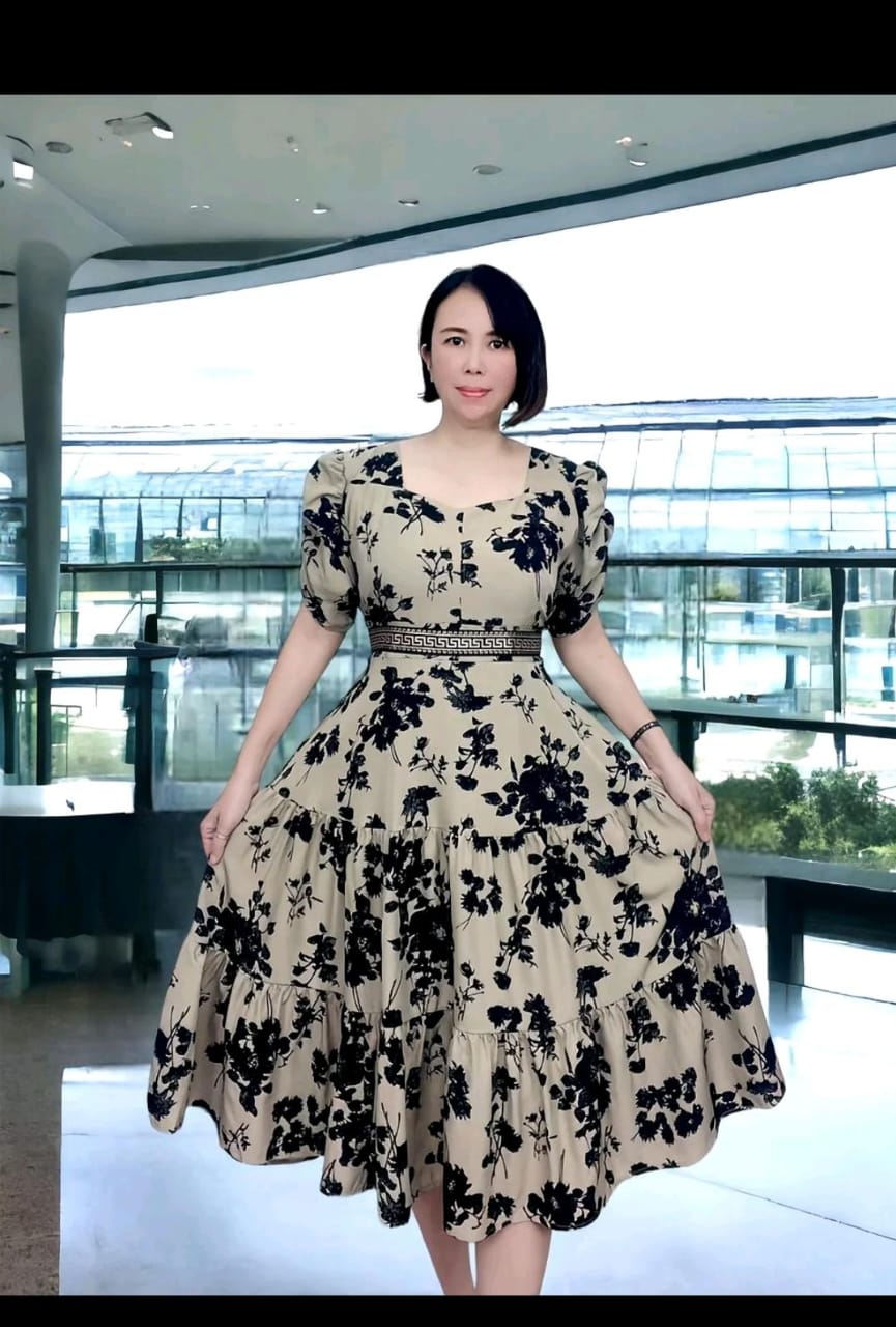 Dress floral U neck 2 tone