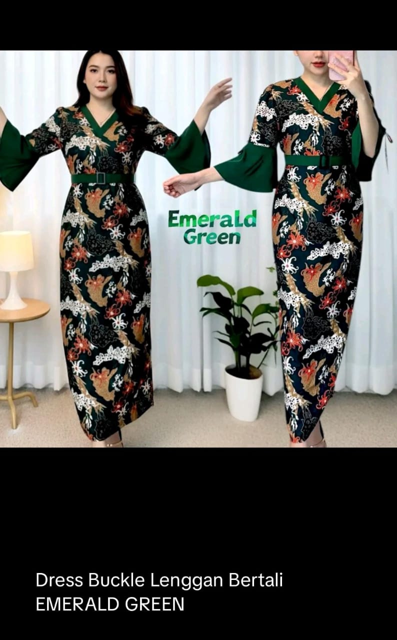 Dress buckle lengan bertali emerald green