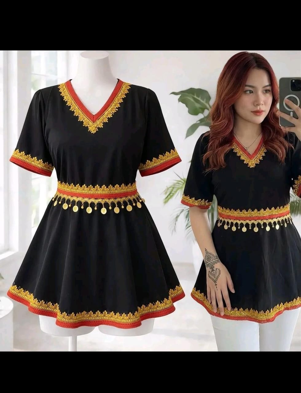 Blouse Borneo plain lace gold red