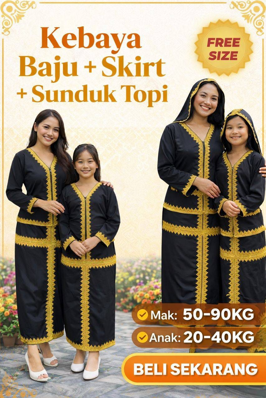 Kebaya baju+ skirt+sunduk topi set IBU dan anak