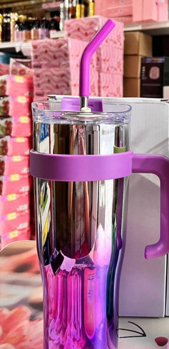 Stainless steel tumblers with straw~color pink